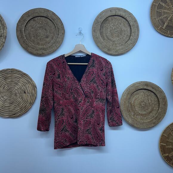 Vintage Y2K 2000s Pink Black VNeck Paisley Lace Trim 3/4 Sleeve Knit Top Blouse - Picture 1 of 6